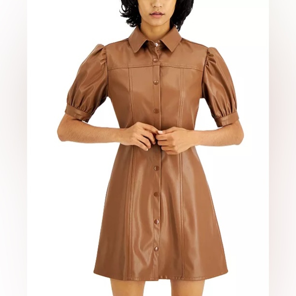 KIT & SKY Faux-Leather Puff-Sleeve Button-Down Pleated Dress Brown Size Small